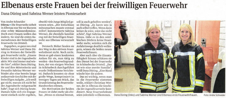 Ausschnitt aus der Volksstimme, Bericht über die Elbenauer Feuerwehrfrauen